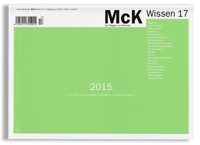 Das Bild ist ein grafisches Design einer Zeitschrift oder Publikation mit grünem Hintergrund und weißem Text. Der Text enthält den Titel "McK Wissen 17" und die Jahreszahl "2015" am unteren Rand. Das Layout sieht aus wie ein Magazin oder eine Broschüre mit verschiedenen Abschnitten und Überschriften. Das Design ist für ein breites Publikum zugänglich, einschließlich sehbehinderter Personen, da es als barrierefreie Website beschrieben wird.