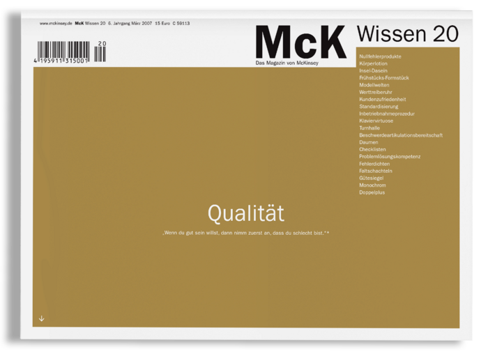 Das Bild ist eine Seite aus einer Zeitschrift oder Publikation mit einem goldfarbenen Hintergrund, schwarzem Text und einem Strichcode. Die Seite scheint auf Deutsch zu sein, wie der deutsche Text und die deutschsprachige URL zeigen. Die Seite enthält eine Überschrift "McK Wissen 20" und einen Abschnitt mit dem Titel "Qualityät" und dem Untertitel "Wenn du gut bist, dann nur zu lösen". Die Seite enthält auch eine Liste von Themen wie "Klipperskultur", "Klippersform" und "Klippersform-Taschen" sowie einen Abschnitt mit dem Titel "Einsteiges Dichtsformel" und "Einsteiges Dichtsform-Taschen". Die Seite ist so gestaltet, dass sie für ein breites Publikum zugänglich ist, darunter Kinder, Erwachsene und Menschen mit Sehbehinderungen.