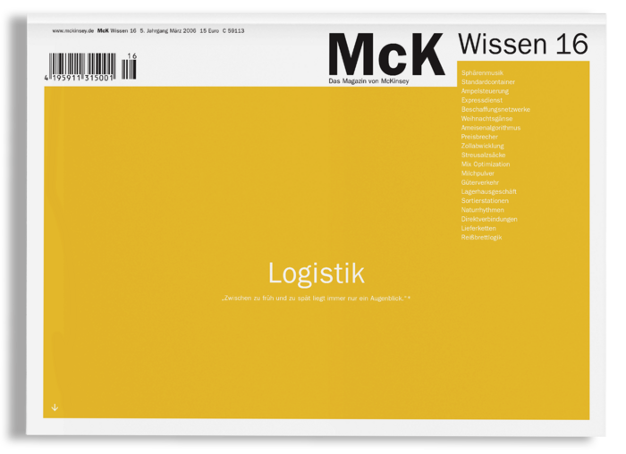 Bei dem Bild handelt es sich um einen Screenshot einer Website, die überwiegend in den Farben Gelb und Schwarz gehalten ist. Die Seite enthält eine Kopfzeile mit dem Text "McK Wissen 16" und einen Barcode. Der Hauptinhalt der Seite ist eine Liste verschiedener Themen und Dienstleistungen, darunter "Logistik", "Wissen", "Zwischen füh und nur splitig immer nur Augsburg". Die Seite enthält auch eine Navigationsleiste mit Links zu verschiedenen Bereichen und eine Fußzeile mit Copyright-Informationen. Das Gesamtlayout und die Gestaltung der Seite scheinen zugänglich und benutzerfreundlich zu sein, so dass sie sich für eine Website eignet, die sich an ein breites Spektrum von Benutzern richtet.
