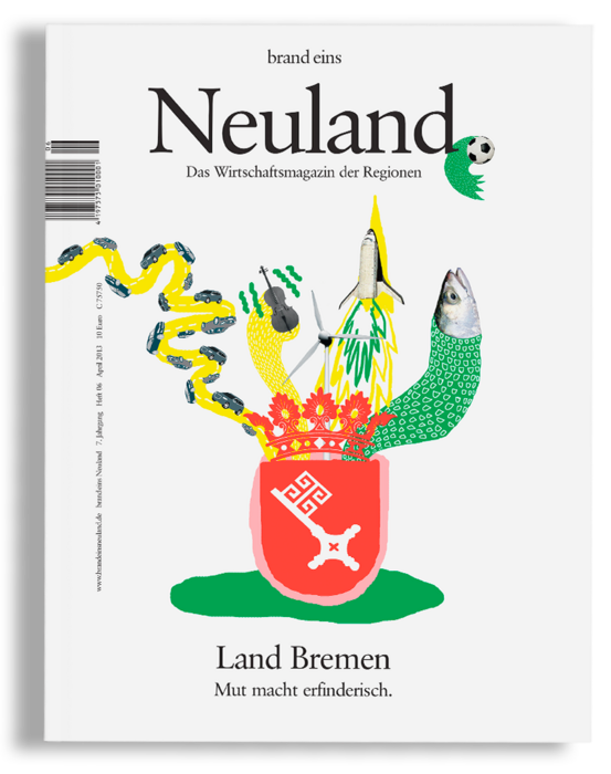 Es handelt sich um die Titelseite eines Magazins mit einer farbenfrohen Illustration einer Vase mit verschiedenen Objekten, darunter eine Schlange, ein Raketenschiff und ein Fisch. Der Text auf dem Cover enthält den Titel "Neuland" und den Untertitel "Das Wirtschaftsmagazin der Regionen". Das Magazin wird von "brandcims" herausgegeben und ist im "Land Bremen" zu erwerben. Auch die Website "www.brandcims.de" wird erwähnt.