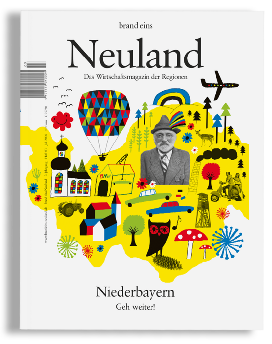 Das Bild ist eine farbenfrohe und visuell ansprechende Illustration einer Karte von Neuland mit verschiedenen Wahrzeichen und Symbolen. Die Karte befindet sich auf einem weißen Hintergrund, und der Titel "Neuland" ist oben deutlich zu sehen. Auf der Karte sind ein Heißluftballon, ein Flugzeug und andere Elemente zu sehen, die die Region repräsentieren. Das Bild enthält auch ein kleines Porträt eines Mannes, möglicherweise einer historischen Figur, und einen Vogel. Oben steht der Text "brand eins Neuland" und unten "Niederbayern". Auch die Adresse der Website "www.neu.de" ist zu sehen.