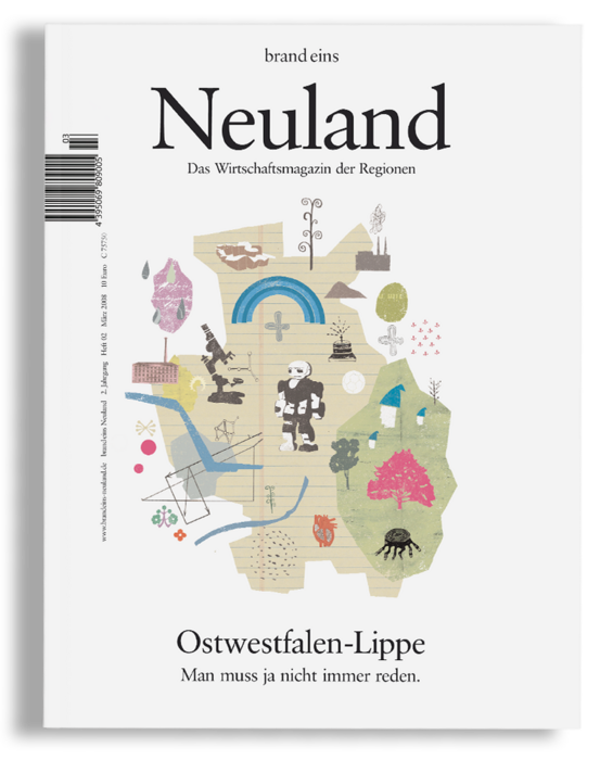 Bei dem Bild handelt es sich um die Titelseite eines Magazins oder einer Publikation mit dem Titel "Neuland", die eine Collage aus verschiedenen Elementen zeigt, darunter eine Landkarte, eine Person und andere abstrakte Formen und Symbole. Der Text auf dem Cover ist auf Deutsch und lautet "brand eins Neuland Das Wirachraftmagazin der Regioneen Ostwestfalen-Lippe Man muss nicht immerREDN". Auf dem Umschlag befinden sich außerdem ein Strichcode und die Internetadresse "www.brandeis.de/neuland", die offizielle Website des Magazins.