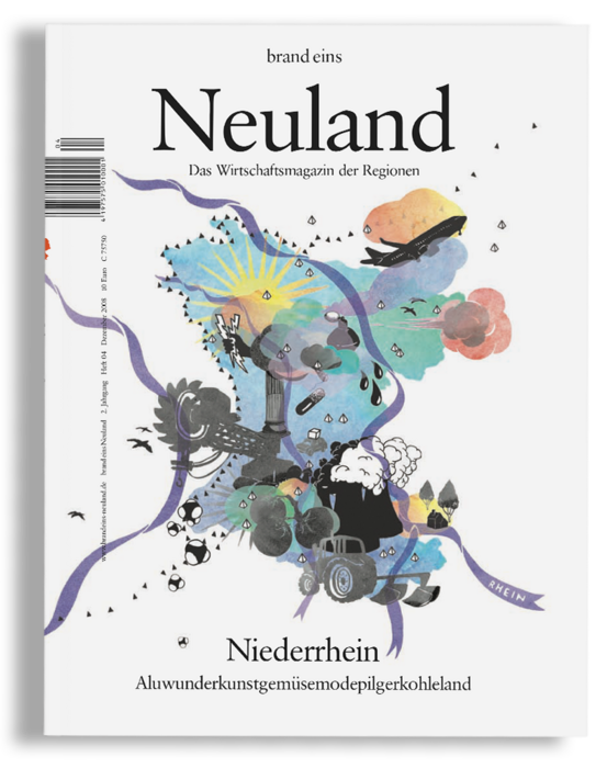 Bei dem Bild handelt es sich um die Titelseite einer Zeitschrift mit dem Titel "Neuland", die eine bunte abstrakte Illustration mit verschiedenen Formen und Objekten zeigt. Das Cover enthält auch einen Text auf Deutsch, der übersetzt "Brand Eins Neuland" und "Das Wirtschaftsmagazin der Regionen" bedeutet. Das Magazin wird von "brand-eins" herausgegeben und ist in deutscher Sprache erhältlich, mit dem Titel "Niederhein" und dem Namen "Alwunderkunstgesmoderköhleland" unter der Illustration.