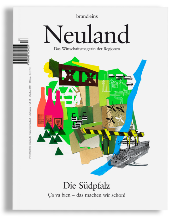 Das Bild ist eine farbenfrohe Collage mit verschiedenen Objekten und Symbolen, darunter eine Flasche, eine Brücke und ein Zug, die sich alle vor einem weißen Hintergrund befinden. Die Collage trägt den Titel "Neuland" und scheint ein Zeitschriftencover oder eine Publikation über die Region Neuland zu sein. Der Text "brand eins Neuland" und der Untertitel "Das Wirschaffmagazin der Regioneen" weisen darauf hin, dass es sich um das Wirschaffmagazin, eine Regionalzeitung, handelt. Außerdem ist der Schriftzug "Die Südpfaltz" zu sehen, was im Englischen mit "The Südpfaltz" übersetzt wird. Das Bild ist für Sehbehinderte zugänglich, da es als "lesbare Collage" und "zugänglich für Sehbehinderte" beschrieben wird.