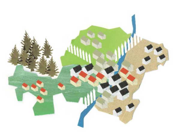Das Bild ist eine stilisierte Illustration, die eine Landschaft mit verschiedenen Elementen wie Bäumen, Häusern und einem Fluss zeigt. Die Häuser sind in verschiedenen Farben und Größen dargestellt, was ein Gefühl von Vielfalt und Gemeinschaft vermittelt. Die Gesamtkomposition ist abstrakt, ohne erkennbaren Text oder spezifische Handlungen, die stattfinden. Das Bild ist in einem flachen, zweidimensionalen Stil gehalten, der sich für eine barrierefreie Website im Einklang mit den EAA-Richtlinien eignet.