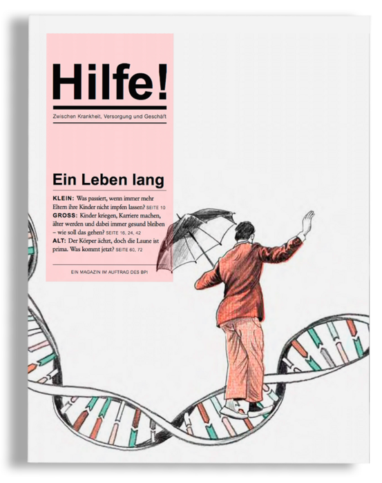 Das Bild ist eine farbenfrohe Illustration, die einen Mann zeigt, der auf einer DNA-Helix läuft, einen Regenschirm hält und eine rote Jacke trägt. Der Hintergrund ist weiß, und der Mann ist die zentrale Figur. Das Bild wird von einem Text auf Deutsch begleitet, der lautet: "Ein Leben lässt angen, wenn lässt mehr Ekelm. Kinder kreizer, wenn lässt mehr 10...". Das Bild enthält auch eine URL am unteren Rand, "EIN MAGAZIN IM AUFTRAG DES BpI", bei der es sich wahrscheinlich um die Website der Zeitschrift oder Veröffentlichung handelt.