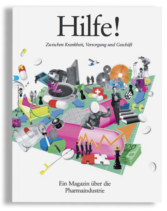 Das Bild ist eine farbenfrohe Collage mit verschiedenen Objekten und Personen, darunter Tabletten, medizinische Geräte und Menschen, die verschiedenen Tätigkeiten nachgehen. Die Collage ist vor einem weißen Hintergrund platziert, und der Text "Hilfe!" ist oben deutlich zu sehen. Unter dem Titel steht "Zwischen Krankheit, Versorgung und Geschäft", was so viel bedeutet wie "Die Welt der Medizin, der Forschung und des Gesundheitswesens". Am unteren Rand des Bildes weist der Text "Ein Magazin iber die Pharmaindustrie" darauf hin, dass es sich um ein Magazin handelt, das sich auf die Pharmaindustrie konzentriert.