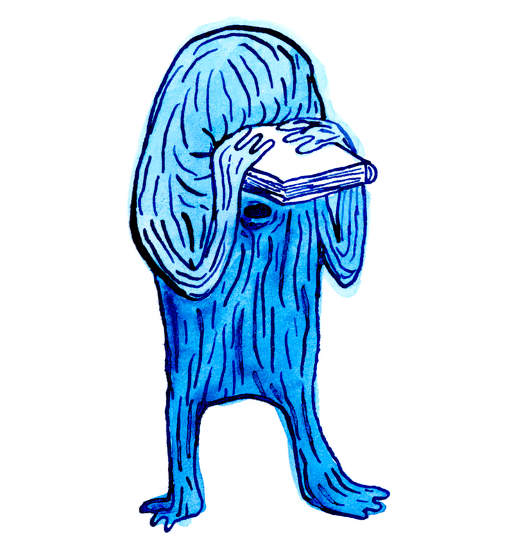 Das Bild zeigt ein skurriles blaues Wesen mit einem Buch in der Hand, das aufrecht steht und das Buch dicht an sein Gesicht hält. Die Kreatur hat einen einzigartigen, länglichen Körper und ist in einem cartoonartigen Stil dargestellt. Die Szene scheint eine verspielte Illustration oder ein Kunstwerk zu sein, das möglicherweise für eine zugängliche Website gedacht ist.