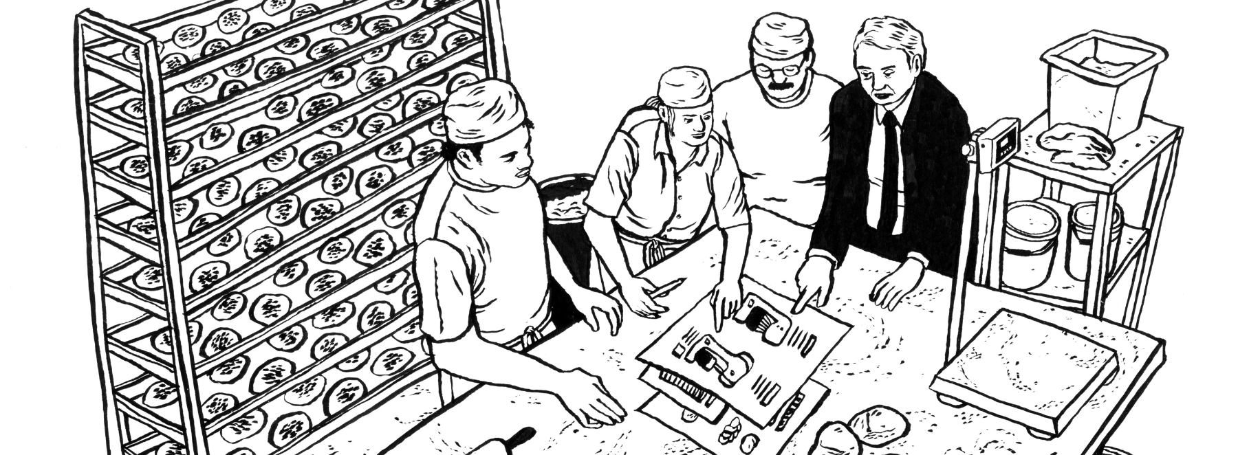 Das Bild ist eine Schwarz-Weiß-Illustration, die eine Gruppe von Personen in einer Küche zeigt. Drei Personen stehen in der Nähe eines Tisches, und zwei weitere sitzen am Tisch. Die Küche ist mit verschiedenen Geräten und Utensilien ausgestattet, z. B. einem Kühlschrank, einem Spülbecken und einem Messer. Die Szene scheint ein Restaurant oder ein Küchenarbeitsplatz zu sein, in dem die Personen mit der Zubereitung von Speisen oder anderen kulinarischen Aufgaben beschäftigt sind.