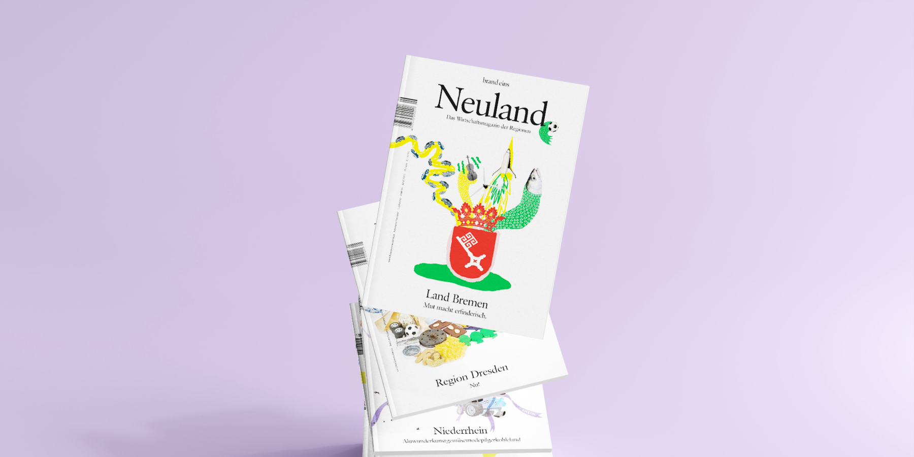 Das Bild zeigt einen Stapel Bücher mit dem Schwerpunkt auf dem Einband eines Buches mit dem Titel "Neuland" von Landbrouwerij. Die Bücher sind so angeordnet, dass das oberste Buch leicht gekippt ist, wodurch ein dynamischer visueller Effekt entsteht. Der Hintergrund ist einfarbig violett und steht im Kontrast zu den weißen Büchern und dem bunten Einband des Buches. Das Bild ist im Hochformat, und der Text auf den Büchern ist in einer Standardschriftart gehalten, so dass er leicht zu lesen und zu verstehen ist.