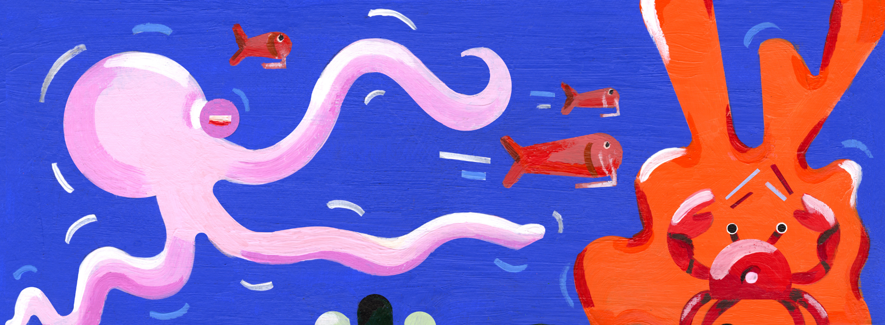 Das Bild ist ein lebhaftes, farbenfrohes Gemälde, das einen Oktopus und eine Krabbe in einer lebhaften Unterwasserszene zeigt. Der Oktopus ist in Rosatönen dargestellt, während die Krabbe in einem auffälligen Rotton abgebildet ist. Das Gemälde steht vor einem blauen Hintergrund, der den visuellen Gesamteindruck noch verstärkt. In der Szene schwimmen mehrere Fische um den Oktopus und die Krabbe herum, wodurch ein Gefühl von Bewegung und Leben entsteht. Das Gemälde ist ein lebendiges und fesselndes Kunstwerk, das das Wesen der Unterwasserwelt einfängt.