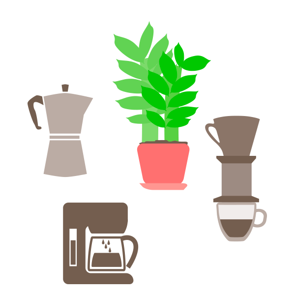 Bei dem Bild handelt es sich um eine digitale Illustration mit einer Vielzahl von Objekten, die mit Kaffee zu tun haben, darunter eine Kaffeemaschine, eine Kaffeekanne, eine Topfpflanze und eine Tasse Kaffee. Die Objekte sind in einem flachen, minimalistischen Stil dargestellt, wobei der Schwerpunkt auf den Farben und Formen liegt. Das Gesamtlayout und das Design suggerieren eine Sammlung von Alltagsgegenständen, wie man sie in einem Café oder zu Hause finden könnte.