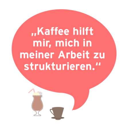 Das Bild zeigt eine rosafarbene Sprechblase mit deutschem Text, der lautet: "Kaffee hilft mir, mich in meiner Arbeit zu strukturieren." Die Sprechblase steht vor einem schwarzen Hintergrund, unter dem sich zwei Getränke, eine Kaffeetasse und ein Milchshake, befinden. Der Text und die begleitenden Bilder sind so gestaltet, dass sie für ein breites Publikum, einschließlich derjenigen, die Deutsch sprechen, leicht zugänglich und verständlich sind.