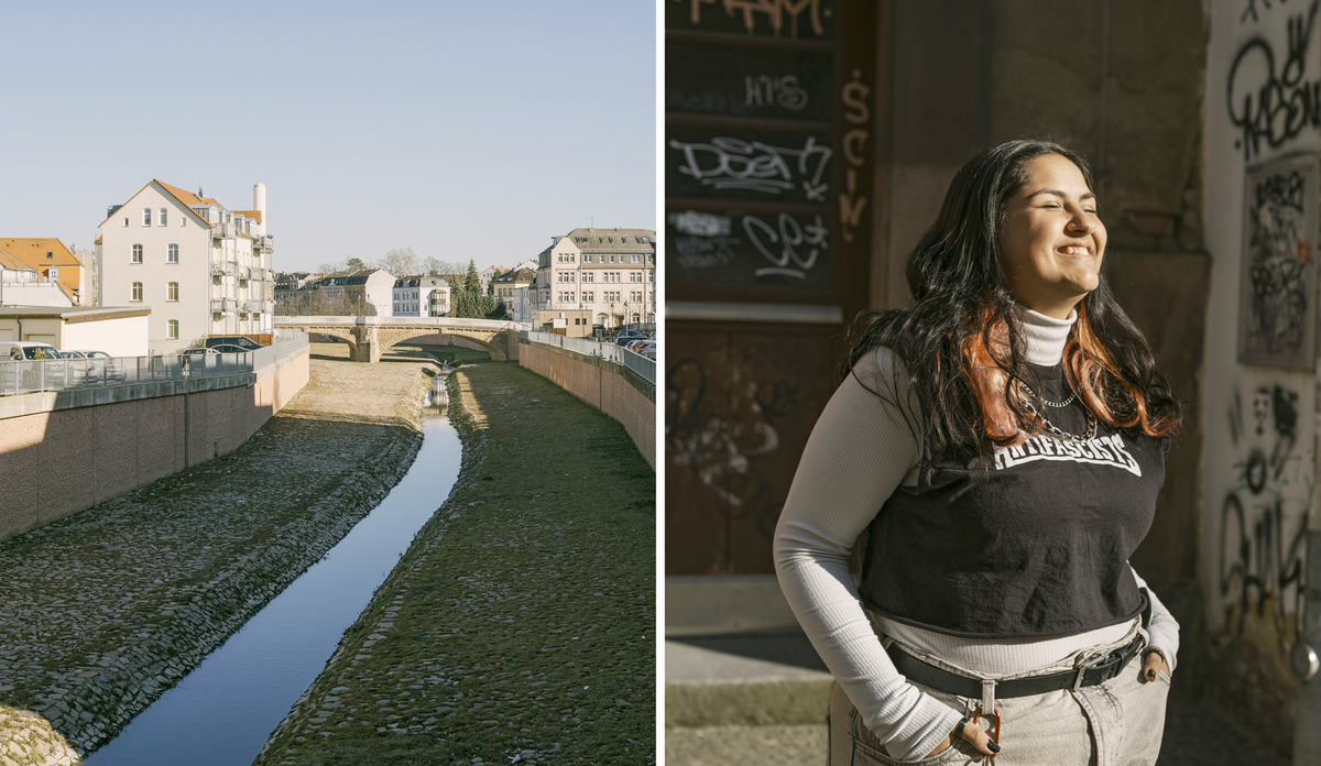Das Bild ist ein geteilter Bildschirm, der eine ruhige städtische Szene mit einem Fluss oder Kanal in der Mitte zeigt, der von Gebäuden auf beiden Seiten flankiert wird. Auf der rechten Seite ist eine Frau in einem Moment der Freude eingefangen, die lächelt und in die Kamera schaut. Das Bild ist in der rechten oberen Ecke mit dem Text "NYC" und "SciV" beschriftet, was darauf hindeutet, dass es sich um eine Collage oder einen Teil einer größeren Sammlung handeln könnte.
