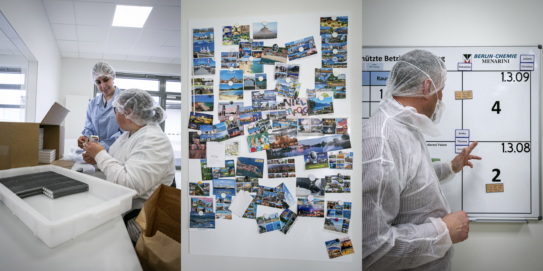 Das Bild ist eine Collage aus drei Fotos, die eine Laborumgebung zeigen. Auf dem ersten Foto sind zwei Personen in Laborkitteln zu sehen, die an einem Schreibtisch mit verschiedenen Gegenständen arbeiten, darunter ein Computermonitor und eine Tastatur. Das zweite Foto zeigt eine große Fotocollage an einer Wand, bei der es sich anscheinend um eine Sammlung von Reisefotos handelt. Das dritte Foto zeigt eine Person in einem weißen Schutzanzug, wahrscheinlich einen Labortechniker, der vor einer Tafel mit einem Zeitplan oder Kalender steht.