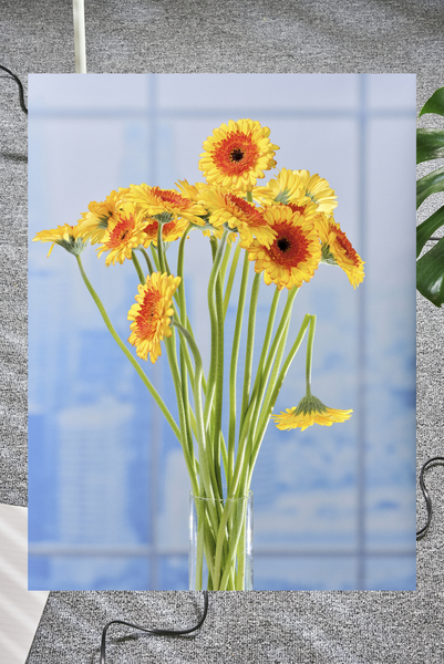 Das Bild zeigt einen Strauß gelber und orangefarbener Blumen in einer klaren Glasvase, die auf einer grauen Fläche steht. Die Blumen sind so angeordnet, dass sie sich zur rechten Seite der Vase hin zu neigen scheinen. Der Hintergrund des Bildes ist unscharf und suggeriert ein Fenster oder einen Blick auf eine Stadtlandschaft. Die Gesamtkomposition des Bildes ist visuell ansprechend und vermittelt ein Gefühl von Frische und Lebendigkeit.