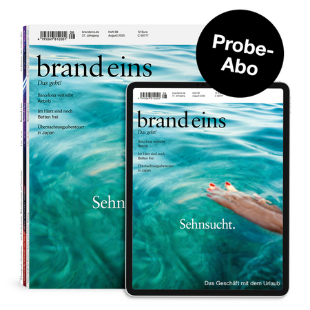Das Bild zeigt eine Zeitschriftenhülle und ein Tablet mit dem Titelbild einer Person, die auf einer Welle surft. Das Cover der Zeitschrift trägt den Titel "brand eins" und den Untertitel "Das gelft" (was auf Deutsch "Die Strömung" bedeutet). Auf dem Cover des Tablets ist ebenfalls der Titel "brand eins" und der Untertitel "Das gelft" zu sehen, darunter der Untertitel "Das gelft". Die Adresse der Website "Das Geschät am Dem urlaub" ist sichtbar und weist auf die URL der Website hin.