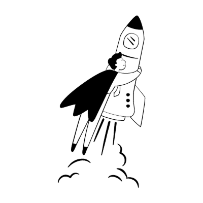 Das Bild zeigt einen Mann mit einem Umhang, der ein Raketenschiff umarmt, das als fliegendes Objekt mit einer Uhr an der Seite dargestellt ist. Das Raketenschiff ist in einem schwarz-weißen Illustrationsstil dargestellt, wobei der Umhang des Mannes und das Design des Raketenschiffs ein Gefühl von Bewegung und Abenteuer vermitteln. Die Szene ist vor einem schlichten weißen Hintergrund dargestellt, der die Rakete und die Interaktion des Mannes mit ihr hervorhebt.