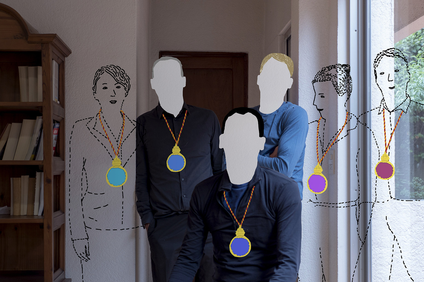 Das Bild ist eine digitale Illustration, die eine Gruppe von Menschen mit abstrakten, stilisierten menschlichen Formen zeigt. Die Personen tragen Halsketten mit runden Anhängern, und im Hintergrund sind ein Bücherregal und ein Fenster zu sehen. Die Gesamtkomposition ist minimalistisch, wobei der Schwerpunkt auf den abstrakten menschlichen Formen und der Verwendung einfacher Formen und Linien zur Gestaltung der visuellen Elemente liegt.