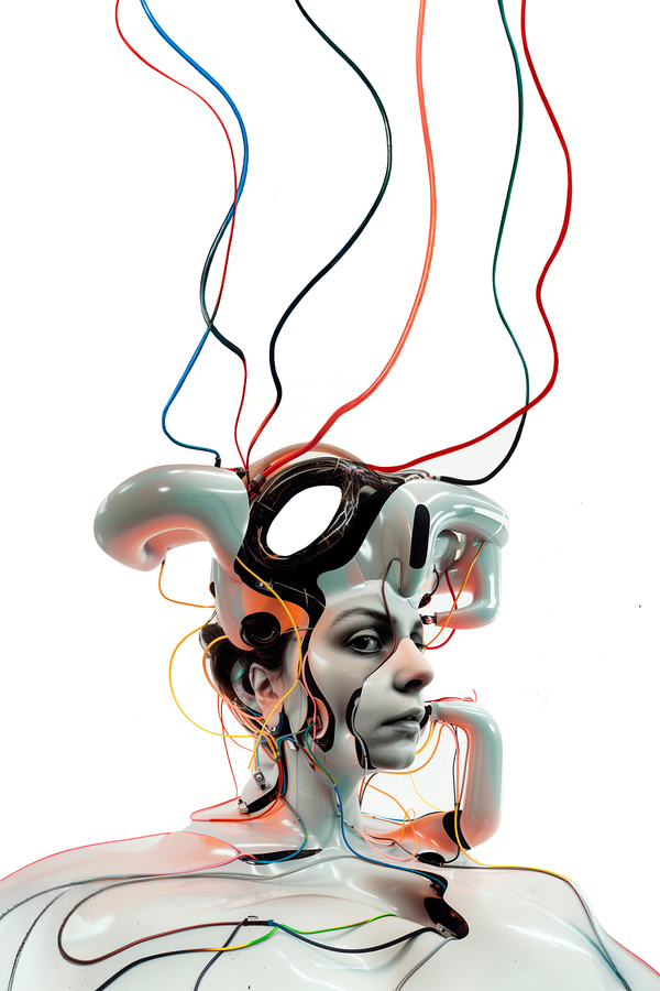 Bei dem Bild handelt es sich um ein digitales Kunstwerk, das eine Nahaufnahme des Gesichts einer Person zeigt, die von einem futuristischen, abstrakten Design umgeben ist. Das Design besteht aus verschiedenen farbigen Linien und Drähten, die ein Gefühl von Komplexität und Tiefe vermitteln. Das Bild ist in einem flachen, zweidimensionalen Stil gehalten, wobei der Schwerpunkt auf dem Gesicht und den verschlungenen Designelementen liegt. Die Gesamtkomposition und die Verwendung von Farben verleihen dem Kunstwerk ein visuell auffälliges und futuristisches Aussehen.