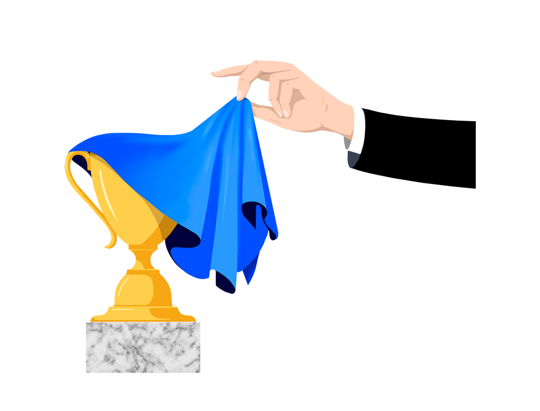 Das Bild zeigt eine Hand, die ein blaues Tuch über eine goldene Trophäe hält, die auf einem Marmorsockel steht. Die Szene befindet sich vor einem Hintergrund mit vertikalen Linien, der eine formale oder professionelle Umgebung andeutet. Die Gesamtkomposition ist minimalistisch und klar, wobei der Schwerpunkt auf den zentralen Elementen der Hand, der Trophäe und des Tuchs liegt.