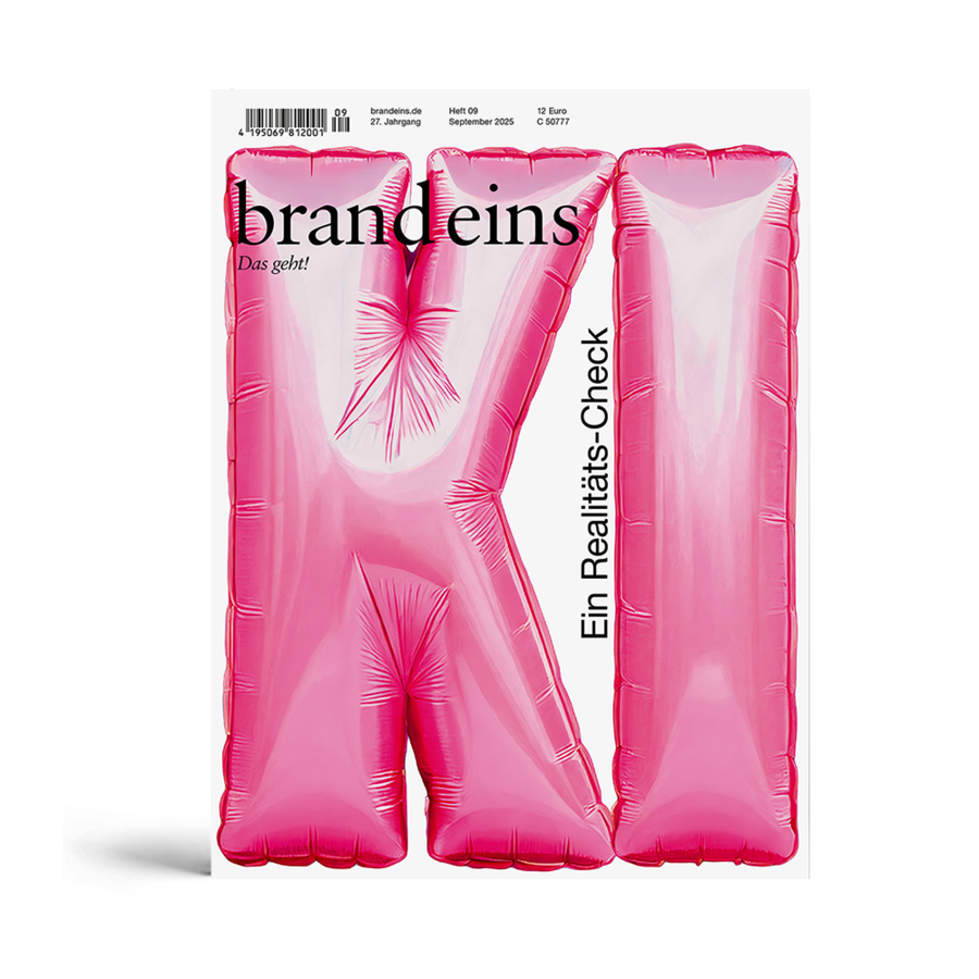 Bei dem Bild handelt es sich um ein Zeitschriften-Cover mit einem rosafarbenen, ballonartigen Buchstaben "K" und einem Designelement, das einer Blume ähnelt. Das Cover hat einen weißen Hintergrund und enthält einen Text mit den Worten "brandeins" oben, "Das gelß!" unter dem Buchstaben "K" und "Ein Realitats Check" unten. Das Cover enthält außerdem einen Barcode und das Datum "Hertz 09 - September 09" sowie den Preis "12 Euro".