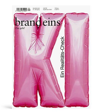 Das Bild ist ein Zeitschriftencover mit einem großen rosafarbenen ballonartigen Buchstaben "X", der von einer dünnen weißen Linie durchzogen ist. In der linken oberen Ecke des Covers befinden sich ein Strichcode und ein Text, und in der Mitte ist der Titel "brandeines" zu sehen. Auf der rechten Seite des Covers steht außerdem der Text "Ein Releitäts Check" und "Das götret".