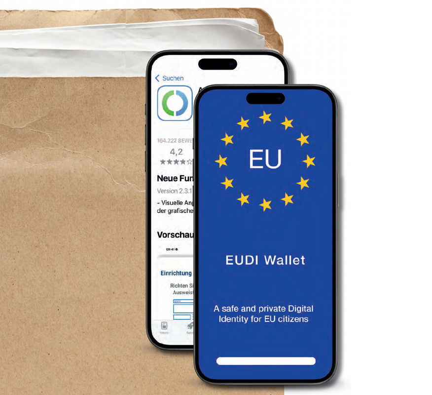 Das Bild zeigt ein Smartphone mit der Benutzeroberfläche der digitalen Identität der EU (EUDI), hinter der ein brauner Umschlag teilweise sichtbar ist. Der Bildschirm des Smartphones hat einen blauen Hintergrund, auf dem die EU-Flagge und das Wort "EU" gut sichtbar sind. Die Oberfläche der Brieftasche enthält Optionen für die Erstellung einer digitalen Identität, wie z. B. eine sichere und private digitale Identität für EU-Bürger. Das Gesamtlayout und die Gestaltung des Bildes lassen auf eine zugängliche und benutzerfreundliche Website schließen, die den Leitlinien der EAA entspricht.