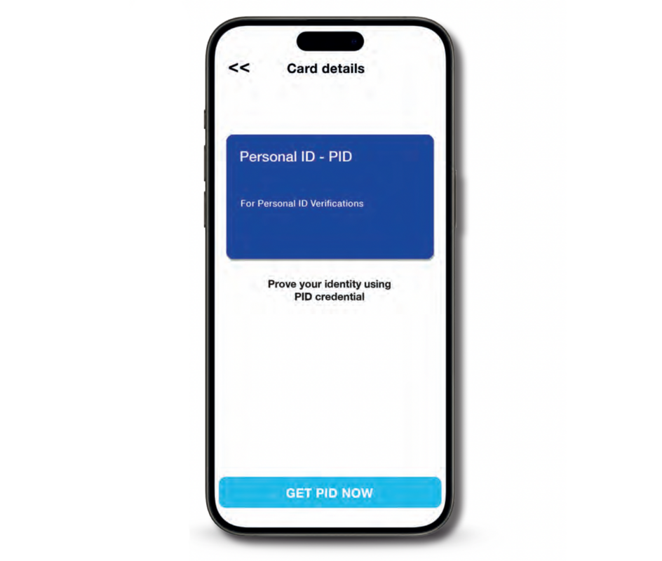 Das Bild zeigt ein Smartphone, auf dessen Bildschirm eine Seite mit Kartendetails angezeigt wird. Das Telefon befindet sich vor einem weißen Hintergrund, und der Bildschirm ist überwiegend weiß mit einer blauen Kopf- und Fußzeile. In der Kopfzeile steht "Card details" und in der Fußzeile "GET PID NOW". Der Hauptinhalt des Bildschirms ist eine blaue Karte mit dem Text "Personal ID - PID" und Anweisungen für "Personal ID Verifications" und "Prove your identity using PID credentials". Das Telefon steht auf einer weißen Oberfläche, und das Gesamtlayout ist sauber und leicht zu lesen.
