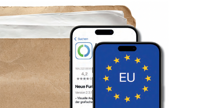 Das Bild zeigt zwei Smartphones, von denen eines ein Hintergrundbild mit der Flagge der Europäischen Union und das andere ein neues EU-App-Symbol zeigt. Die Smartphones liegen auf einem braunen Umschlag, der auf einer weißen Fläche platziert ist. Das Hintergrundbild mit der Flagge der Europäischen Union auf dem Smartphone steht für die EU, während das App-Symbol auf dem anderen Telefon eine neue EU-App darstellt. Das Bild ist für die EAA zugänglich, da sie als "zugängliche Website für ältere und behinderte Menschen" beschrieben wird.