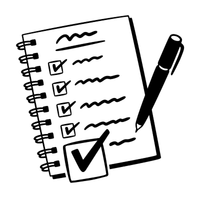 Das Bild zeigt eine Schwarz-Weiß-Illustration eines spiralgebundenen Notizbuchs, auf dem ein Stift ruht. Der Stift hat ein Häkchen neben einer Textzeile, was anzeigt, dass die Aufgabe oder Idee abgeschlossen oder abgehakt ist. Das Notizbuch und der Stift sind so positioniert, dass der Eindruck entsteht, sie würden zum Notieren oder Planen verwendet, wobei der Stift waagerecht auf der Seite liegt. Das Gesamtlayout und die Gestaltung des Bildes sind einfach und geradlinig, so dass es für die Benutzer leicht zu verstehen und zu navigieren ist.
