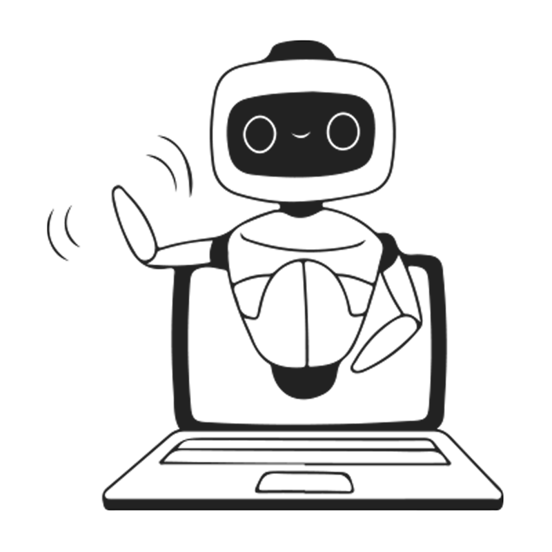 Das Bild zeigt eine stilisierte Illustration eines Roboters mit einem Laptop im Hintergrund. Der Roboter scheint mit dem Laptop zu interagieren, möglicherweise benutzt er ihn oder zeigt eine Nachricht an. Das Bild ist in Schwarz und Weiß gehalten, was ihm eine minimalistische und moderne Ästhetik verleiht. Der Roboter ist zentral positioniert, um die Aufmerksamkeit des Betrachters auf seine Interaktion mit dem Laptop zu lenken. Die Gesamtkomposition ist einfach und geradlinig, so dass sie für ein breites Publikum zugänglich und leicht zu verstehen ist.