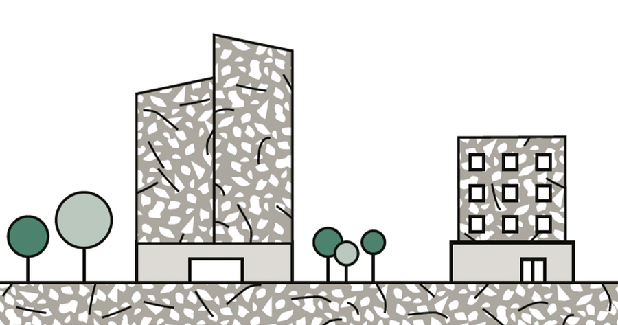 Das Bild ist eine stilisierte Illustration einer Stadtlandschaft mit zwei Gebäuden mit einer gemusterten Fassade, einem größeren und auffälligeren und einem kleineren Gebäude mit einem einheitlicheren Design. Die Gebäude stehen vor einem Hintergrund aus Bäumen und einem Bürgersteig, wodurch ein Gefühl des städtischen Lebens entsteht. Das Bild wird in einem flachen, zweidimensionalen Stil ohne Schattierung oder Tiefe dargestellt, wodurch es sich für eine zugängliche Website gemäß den EAA-Richtlinien eignet.