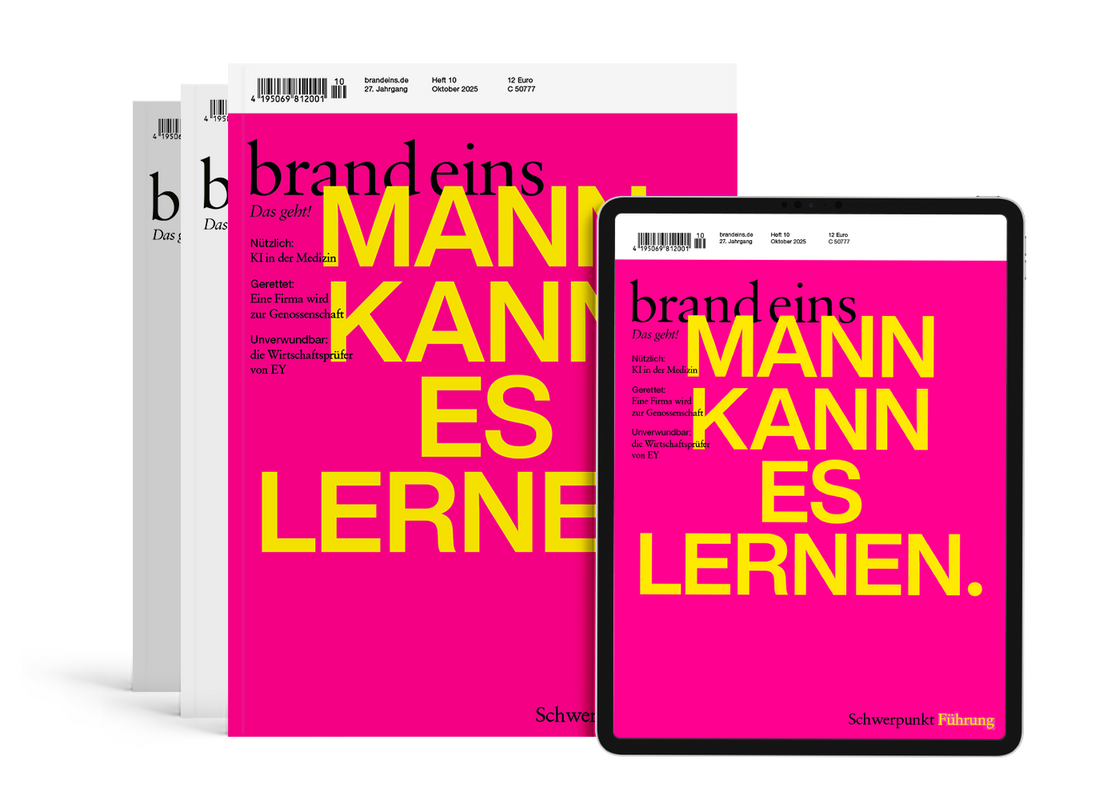 Das Bild zeigt eine Sammlung von drei Zeitschriften oder Büchern mit einem auffälligen rosa und gelben Farbschema. Die Einbände der Zeitschriften sind überwiegend rosa, der Titel "brandeins" ist in fetten gelben Buchstaben geschrieben. Die Zeitschriften sind in einer Reihe angeordnet, wobei die größte Zeitschrift über der anderen liegt. Auf dem Bild ist auch ein Tablet zu sehen, das neben den Zeitschriften positioniert ist, wahrscheinlich um sie zu betrachten. Das Gesamtlayout und die Gestaltung des Bildes deuten darauf hin, dass es für ein breites Publikum, einschließlich sehbehinderter Personen, zugänglich sein soll, indem es ein klares und leicht zu lesendes Layout bietet.