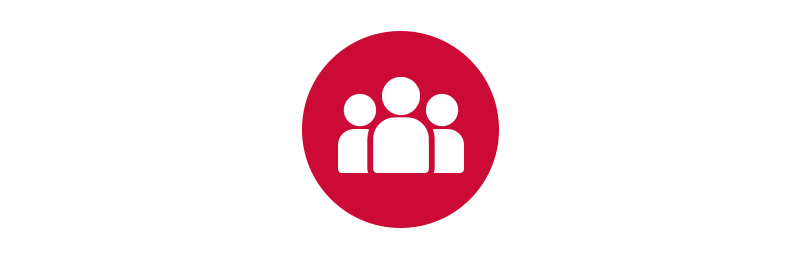 Das Bild zeigt ein rotes, kreisförmiges Symbol mit einer weißen Silhouette von drei Personen darin. Das Symbol ist vor einem weißen Hintergrund platziert, so dass es für die Nutzer gut sichtbar und zugänglich ist. Das Design ist einfach und klar und ermöglicht ein schnelles Verständnis des angezeigten Inhalts.