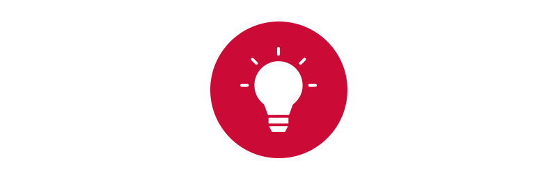 Das Bild zeigt ein rotes, kreisförmiges Symbol mit einem weißen Glühbirnensymbol darin, das eine Idee oder Innovation darstellt. Das Symbol befindet sich auf weißem Hintergrund und ist somit für ein breites Publikum gut sichtbar und zugänglich. Das Design ist einfach und klar, so dass der Betrachter das Konzept, das vermittelt wird, schnell erfassen kann.