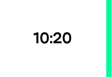 Das Bild zeigt eine einfache Grafik mit dem Text "10:20" in schwarzer Schrift, zentriert vor einem weißen Hintergrund. Die Grafik wird von einem grünen Rand auf der rechten Seite eingerahmt, wodurch ein sauberes und minimalistisches Design entsteht. Dieses Design scheint für eine barrierefreie Website geeignet zu sein, da es keine ablenkenden Elemente enthält und ein klares Layout aufweist.