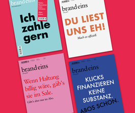 Das Bild zeigt vier verschiedene Zeitschriftencover mit unterschiedlichen Texten und Designs, die alle vor einem roten Hintergrund stehen. Die Cover sind in einer quadratischen Formation angeordnet und zeigen die Vielfalt des Inhalts der Zeitschriften.