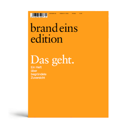 Bei dem Bild handelt es sich um eine digitale Darstellung eines Zeitschriftencovers mit leuchtend orangefarbenem Hintergrund. Das Cover zeigt den Titel "brand eins edition" in fetter schwarzer Schrift und den Haupttext "Das geht." in kleinerer weißer Schrift. Unter dem Haupttitel befindet sich ein zusätzlicher Text in deutscher Sprache, der lautet "Ein Heft über begrndate 2. Zuversicht". Das Layout und die Gestaltung des Umschlags scheinen zugänglich und benutzerfreundlich zu sein, so dass es sich für eine Website eignet, die sich an ein breites Publikum wendet.