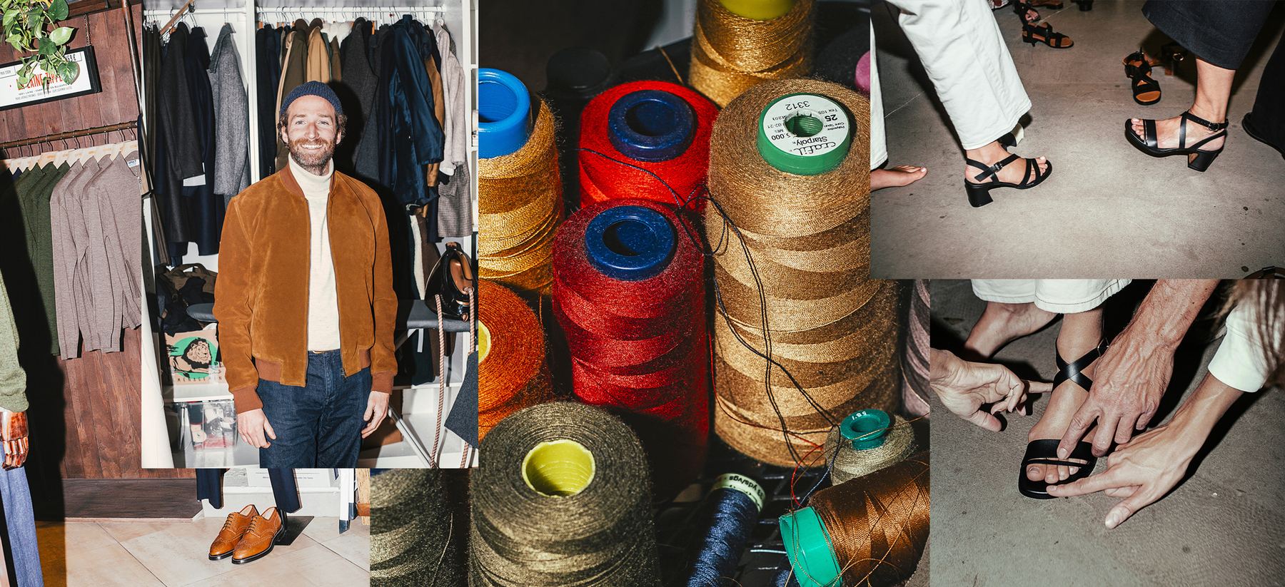 Das Bild ist eine Collage aus vier Fotos, auf denen ein Mann in einer braunen Jacke vor einem Kleiderschrank steht, eine Nahaufnahme von bunten Garnspulen, eine Nahaufnahme der Füße einer Person in Sandalen und eine Nahaufnahme der Hände einer Person auf einem Smartphone.