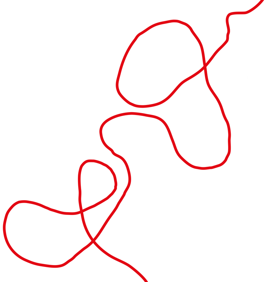 Das Bild zeigt einen weißen Hintergrund mit einer Reihe von roten Linien, die scheinbar zufällig miteinander verbunden oder verschlungen sind. Die Linien sind nicht gerade, sondern eher gebogen, was ein Gefühl von Bewegung und Dynamik vermittelt. Das Bild enthält keinen erkennbaren Text oder bestimmte Objekte, und die Gesamtkomposition ist einfach und minimalistisch.