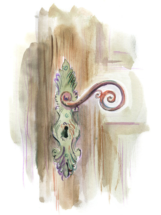 Das Bild ist eine Aquarellmalerei mit einem stilisierten, verzierten Türgriff mit einem gebogenen, spiralförmigen Design. Der Griff ist in einer Kombination aus grünen, violetten und roten Farben gehalten, was eine lebendige und künstlerische Komposition ergibt. Das Gemälde befindet sich vor einem Hintergrund aus abstrakten Formen und Linien, die dem Gesamtkunstwerk Tiefe und Komplexität verleihen. Der Stil des Gemäldes deutet darauf hin, dass es sich um eine moderne Interpretation traditioneller Türklinken handeln könnte, wobei der Schwerpunkt auf komplizierten Details und einem Gefühl der Bewegung liegt.