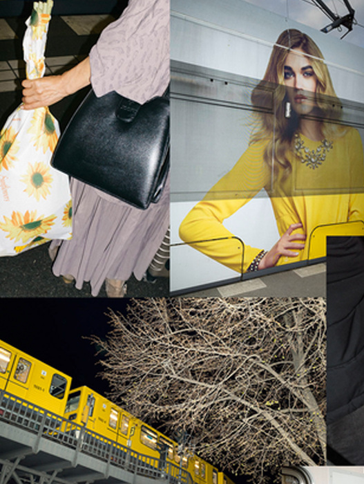 Das Bild ist eine Collage aus drei verschiedenen Abschnitten, die jeweils eine andere Szene zeigen. Oben links hält eine Person eine gelbe Tasche mit einem Sonnenblumenmuster in der Hand. Rechts oben ist eine Frau mit langen blonden Haaren zu sehen, die ein gelbes Oberteil und eine Halskette trägt. Der untere Teil zeigt einen gelben Zug, der an einem Baum mit kahlen Ästen vorbeifährt. Das Bild ist ein kreatives Arrangement dieser drei unterschiedlichen Elemente, das möglicherweise für eine barrierefreie Website im Einklang mit den Leitlinien der EAA gedacht ist.