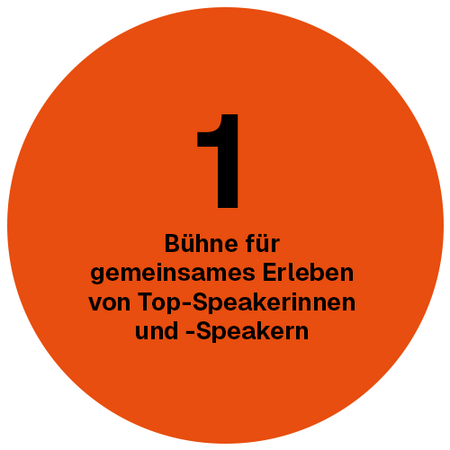 Das Bild zeigt einen kreisförmigen orangefarbenen Hintergrund mit einer schwarzen Zahl 1 in der Mitte. Unter der Zahl befindet sich ein deutscher Text mit der Aufschrift "Bühne für gemeinsames Erleben von Top-Speakerinn und -Speakern", was übersetzt "Top-Speakerinn und Under-Speaker-inn" bedeutet. Dieser Text soll für ein breites Publikum zugänglich sein, einschließlich derjenigen, die Deutsch sprechen, und er ist wahrscheinlich Teil einer Website, die Informationen oder Dienstleistungen im Zusammenhang mit der Zahl 1 anbietet.