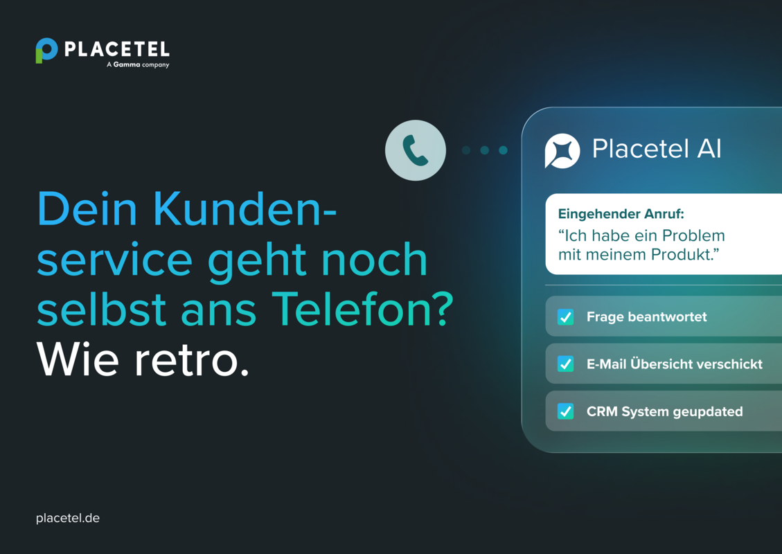 Das Bild ist ein Screenshot einer Website für ein Telekommunikationsunternehmen namens Placetel. Sie hat einen dunkelblauen Hintergrund mit weißem Text und Symbolen. Der Text auf der Website ist in deutscher Sprache und enthält einen Call-to-Action für Kunden, die sich über ihren Dienst erkundigen möchten, und weist darauf hin, dass sie eine bestimmte Nummer anrufen können, um weitere Informationen zu erhalten. Die Website enthält auch einen Bereich, in dem die Kunden ihr CRM-System aktualisieren können, was darauf hinweist, dass sich das Unternehmen aktiv um Kundendienst und Kommunikation bemüht.