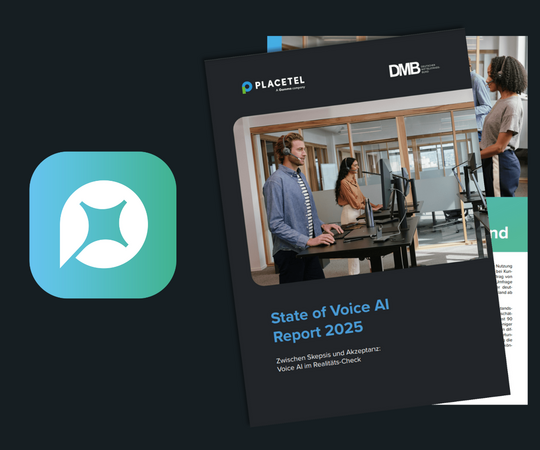 Das Bild zeigt einen Bericht mit dem Titel "State of Voice Al Report 2025" mit einem Foto von drei Personen, die an einem Schreibtisch mit Computern arbeiten. Der Bericht ist auf einem schwarzen Hintergrund mit einem blau-weißen Logo auf der linken Seite dargestellt. Der Text auf dem Bericht weist darauf hin, dass es sich um einen "Zwischen Spezialis und Akzeptazt: Voice Al im Realitäts Check" handelt und von Placetel und DMB veröffentlicht wird.