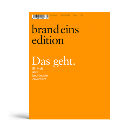 Es handelt sich um das Titelbild einer Zeitschrift oder Publikation mit einer überwiegend orange-weißen Farbgebung. Der Titel "brand eins edition" ist oben in großer schwarzer Schrift prominent dargestellt. Unter dem Titel befindet sich ein Untertitel in kleinerer schwarzer Schrift, der lautet "Das geht". Der restliche Text ist in weißer Schrift gehalten und gibt zusätzliche Informationen über den Inhalt der Publikation. Das Layout und die Gestaltung des Covers deuten darauf hin, dass es sich um eine optisch ansprechende und für Nutzer mit Behinderungen zugängliche Website handelt.