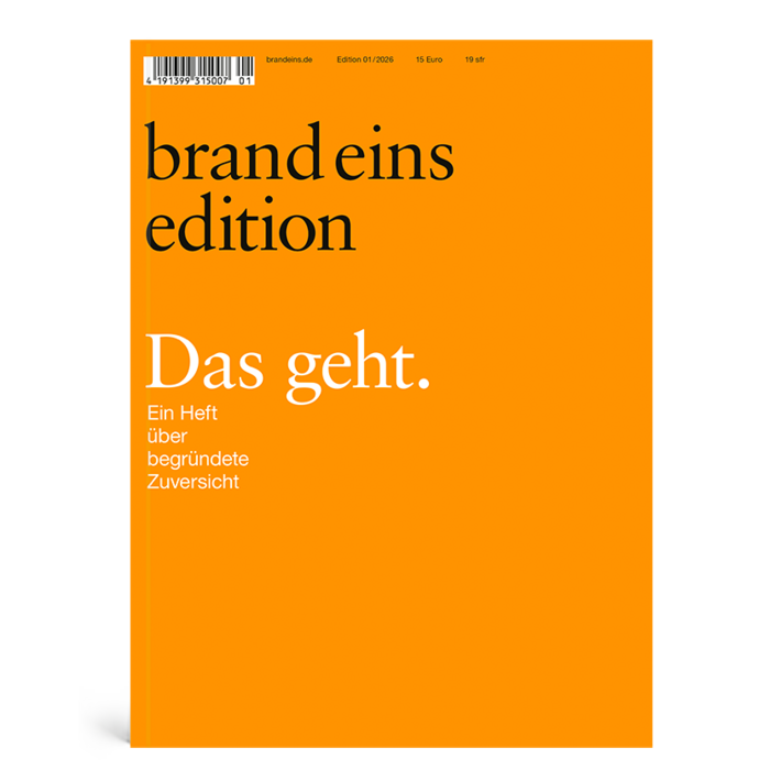 Es handelt sich um das Titelbild einer Zeitschrift oder Publikation mit einer überwiegend orange-weißen Farbgebung. Der Titel "brand eins edition" ist in schwarzer Schrift am oberen Rand prominent dargestellt. Unter dem Titel befindet sich ein Untertitel in weißer Schrift, der lautet "Das geht". Der Rest des Textes ist in schwarzer Schrift gehalten, und in der oberen linken Ecke befindet sich ein Strichcode. Der Einband enthält außerdem eine kleine weiße Form in der unteren linken Ecke. Das Bild wird als für alle Benutzer zugänglich beschrieben, und es wird als konform mit den Richtlinien der EAA (European Association of Advertising Agencies) beschrieben.