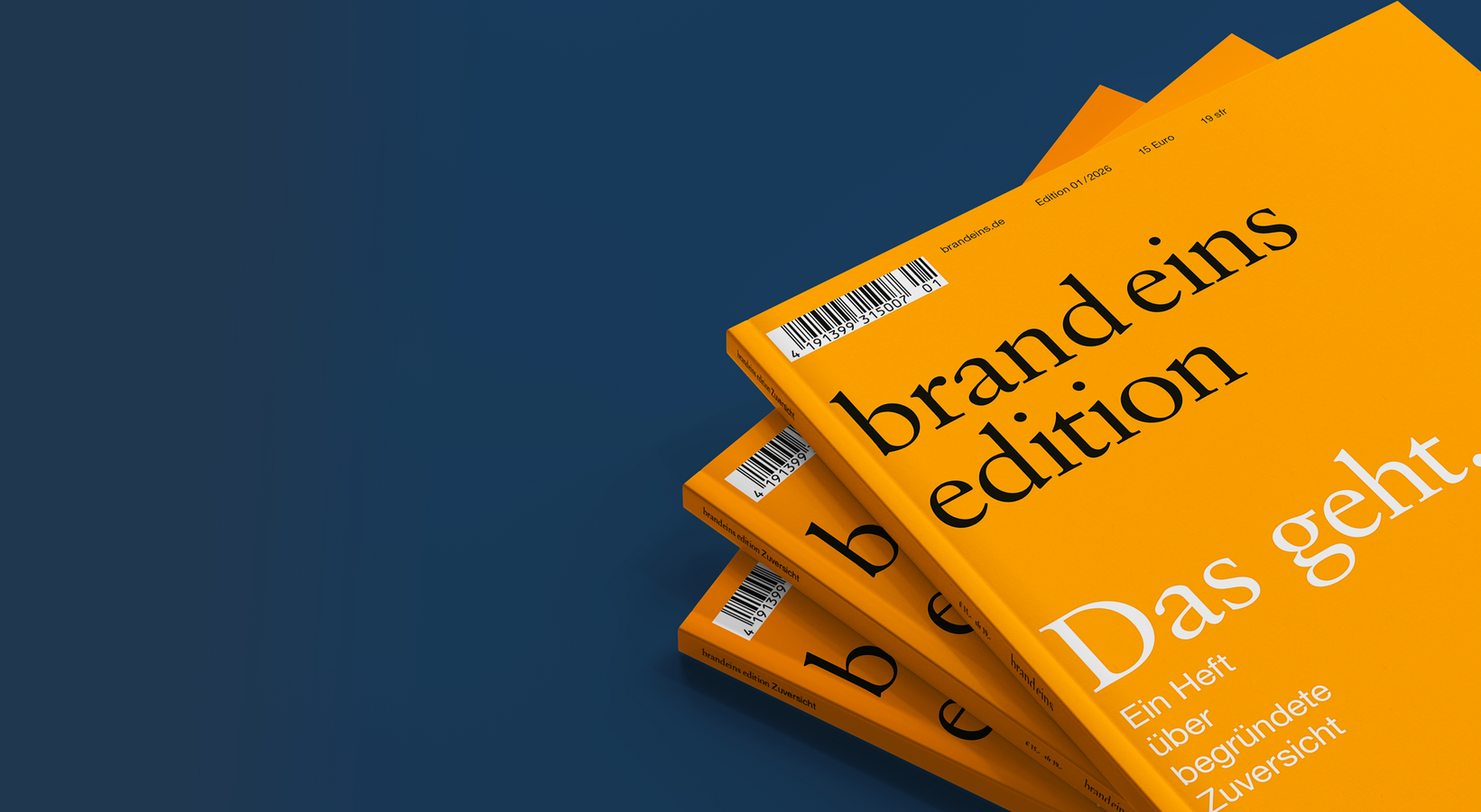 Das Bild zeigt einen Stapel von drei orangefarbenen Büchern oder Zeitschriften mit dem Titel "Brand eins edition" an prominenter Stelle auf dem Einband. Die Bücher sind so angeordnet, dass sie sich aneinander zu lehnen scheinen, wodurch ein Gefühl von Tiefe und Perspektive entsteht. Der Hintergrund ist einfarbig blau, was sich von den orangefarbenen Büchern abhebt und sie hervorhebt. Das Bild enthält keinen Text oder andere erkennbare Objekte, und die relative Position der Bücher zueinander suggeriert eine lockere, informelle Präsentation.