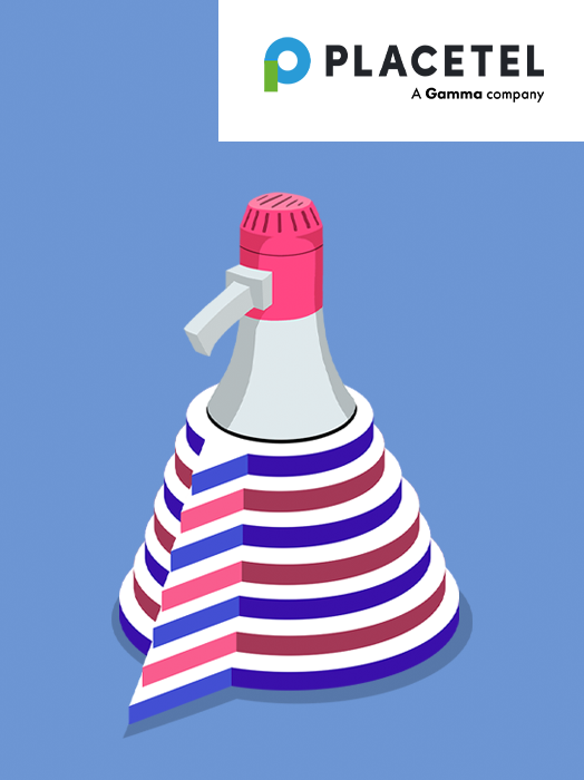 Das Bild zeigt eine stilisierte Darstellung eines Megaphons mit dem Wort "PLACETEL" in der oberen rechten Ecke. Das Megaphon ist in einer leuchtenden Mischung aus rosa, weißen und blauen Farben dargestellt und steht auf einem blauen Hintergrund. Das Bild enthält auch einen kleinen Teil einer Krawatte, die Teil des Gesamtdesigns ist. Der Text "PLACETEL A Gamma company" ist sichtbar und weist auf den Namen des Unternehmens und seine Verbindung mit dem Produkt hin. Das Bild wird als zugänglich und leicht verständlich beschrieben, geeignet für eine Website, die den Richtlinien der EAA (Electronic Accessories and Add-ons Association) entspricht.